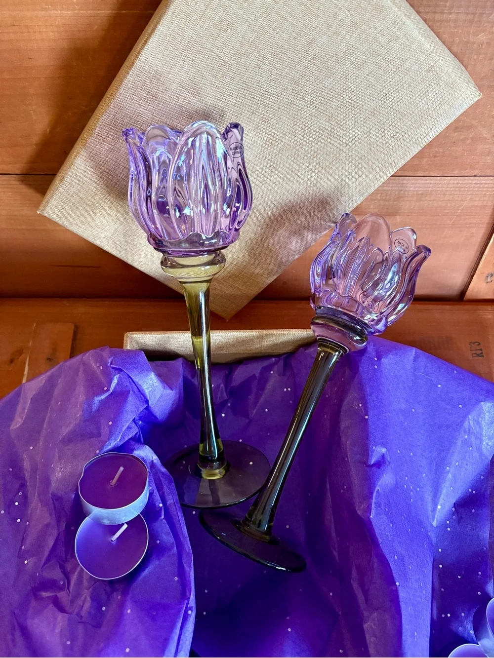 Glass Purple Tulip Tea-Light Candle Holders Set Floral Scalloped Candlesticks